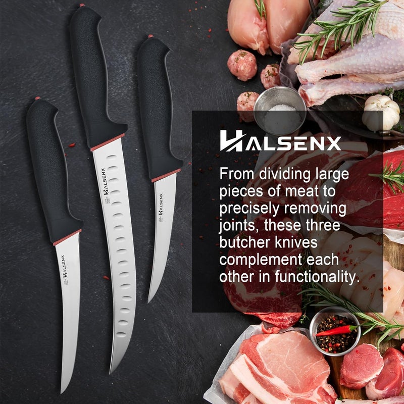 HALSENX طقم سكاكين جزار 3 قطع - فولاذ ألماني 1.4116 مع مقبض ناعم غير قابل للانزلاق، مجموعة احترافية لتقطيع اللحم وإزالة العظام، سكين عظام صلب 5 بوصات، سكين عظام منحنية 6 بوصات وسكين كسر 10 بوصات - Image 5